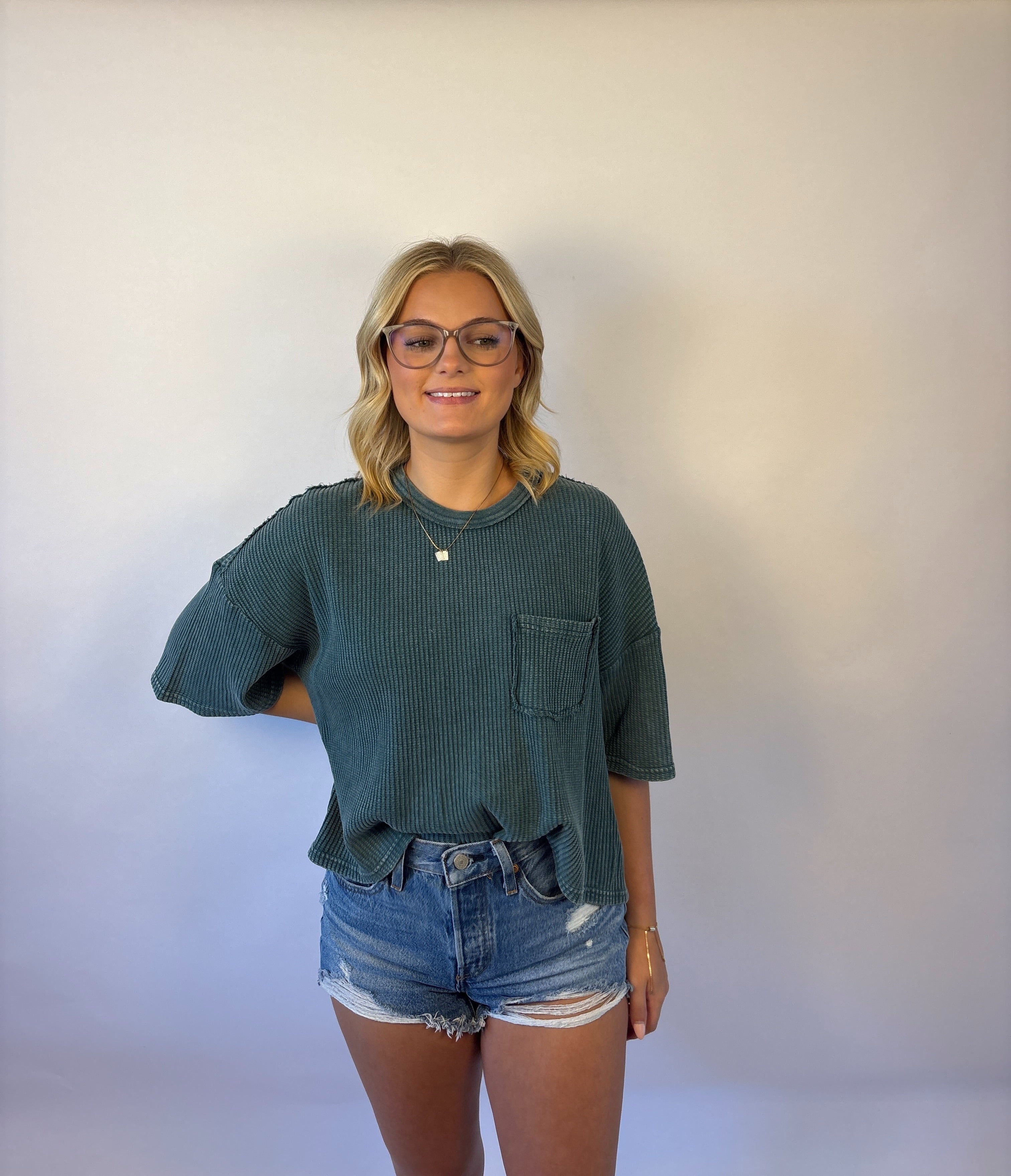 Brooke & Co the emery tee waffle knit teal crop top tee with front pocket and detail seam in back