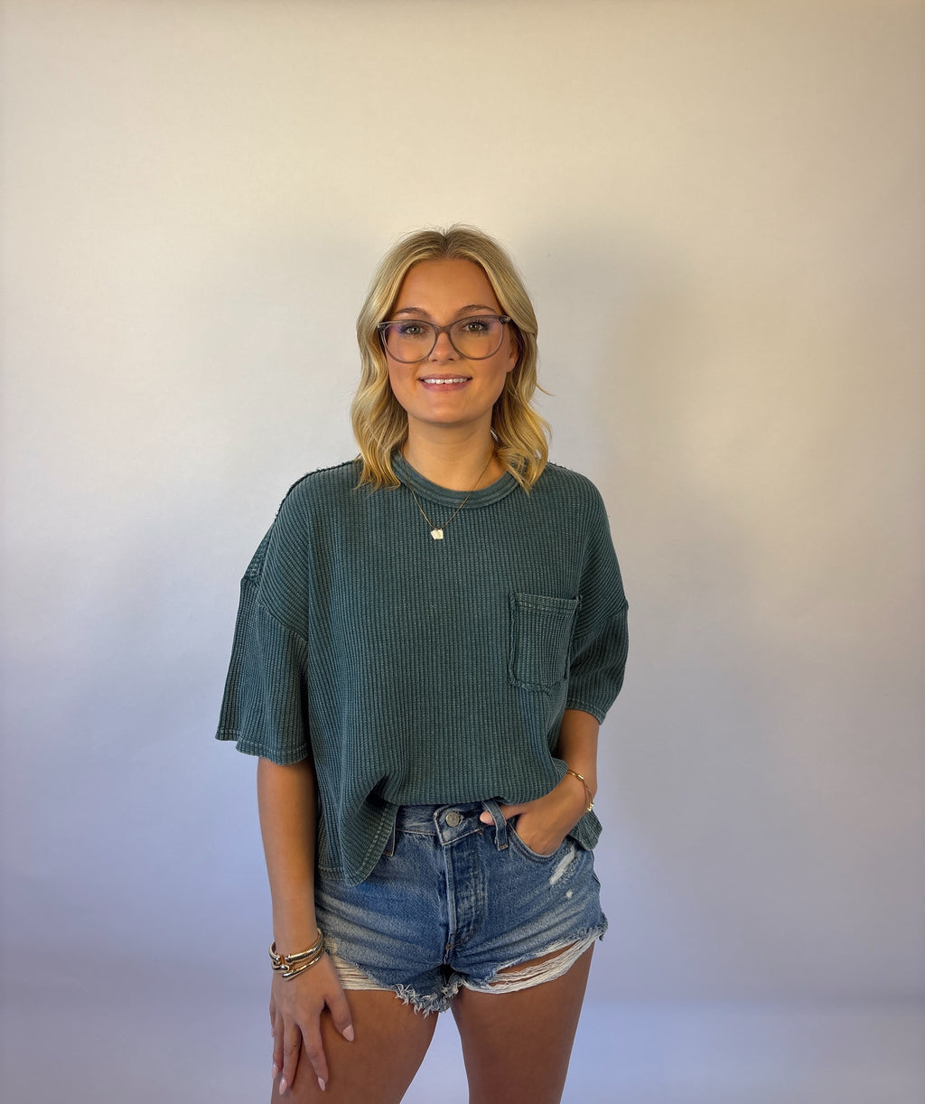 Brooke & Co the emery tee waffle knit teal crop top tee with front pocket and detail seam in back