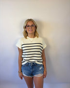 Brooke & Co The harper knit a white knit short sleeve top with black stripes