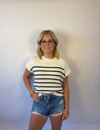 Brooke & Co The harper knit a white knit short sleeve top with black stripes