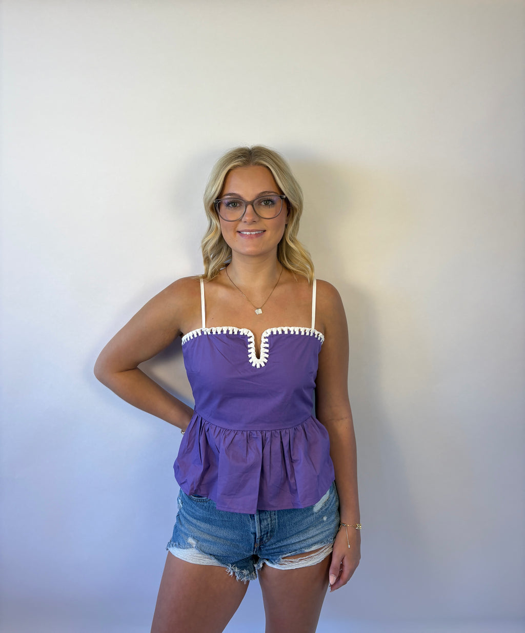 Brooke & Co The avery top purple spaghetti strap peplum top with detail trim