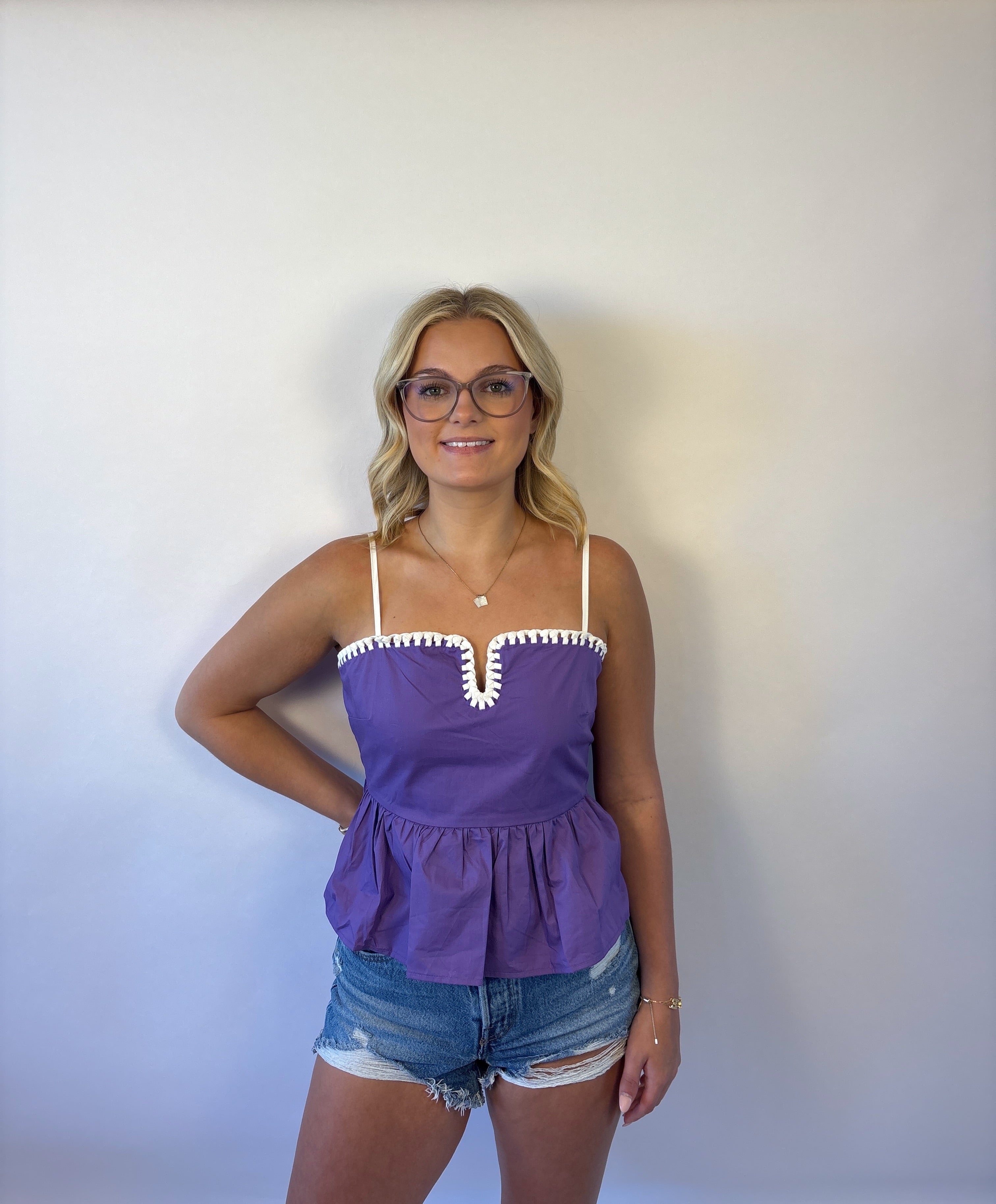 Brooke & Co The avery top purple spaghetti strap peplum top with detail trim