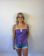 Brooke & Co The avery top purple spaghetti strap peplum top with detail trim