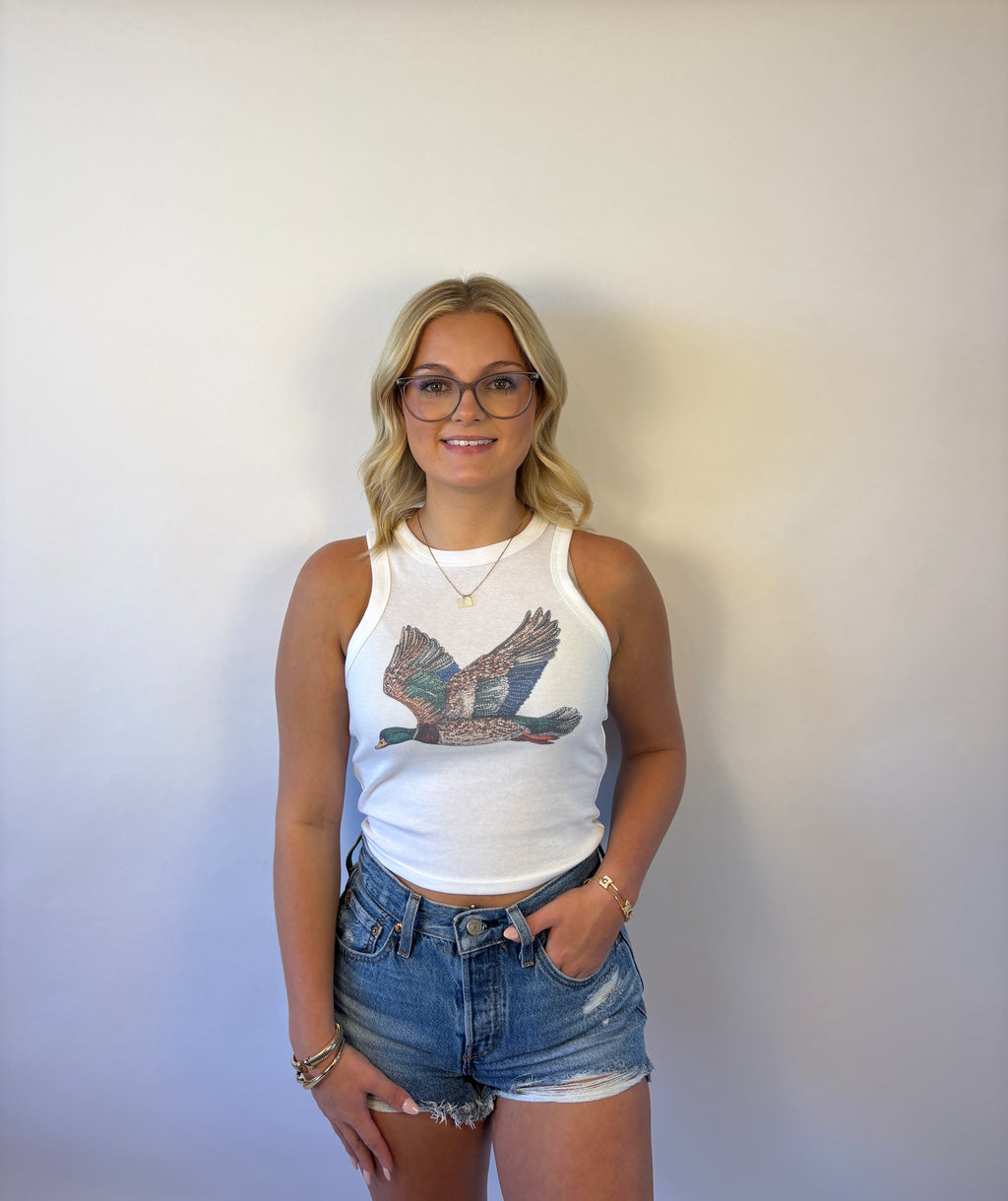 Brooke & Co The mallory tank featuring a sleeveless tank with bejeweled mallard duck 