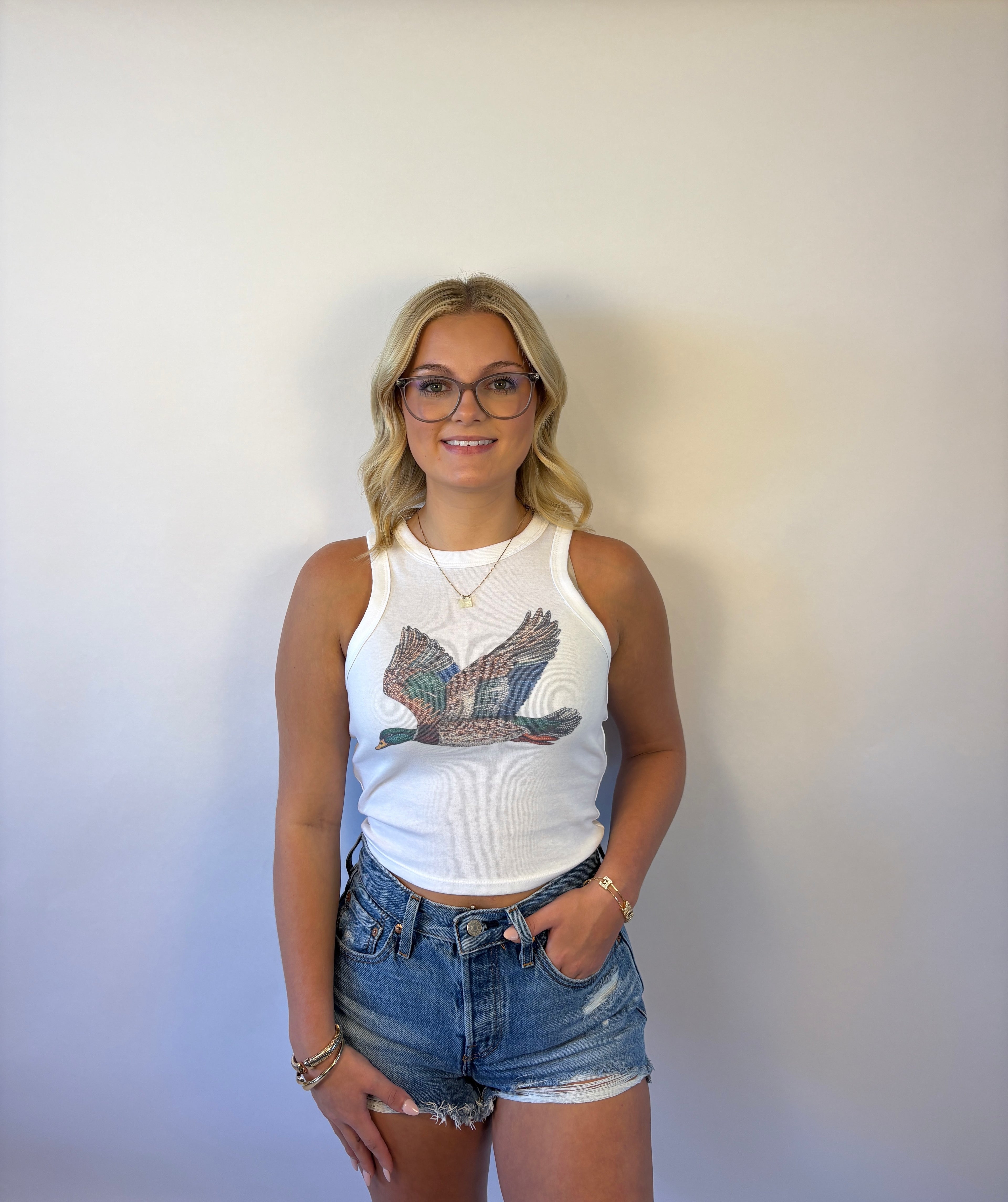 Brooke & Co The mallory tank featuring a sleeveless tank with bejeweled mallard duck 