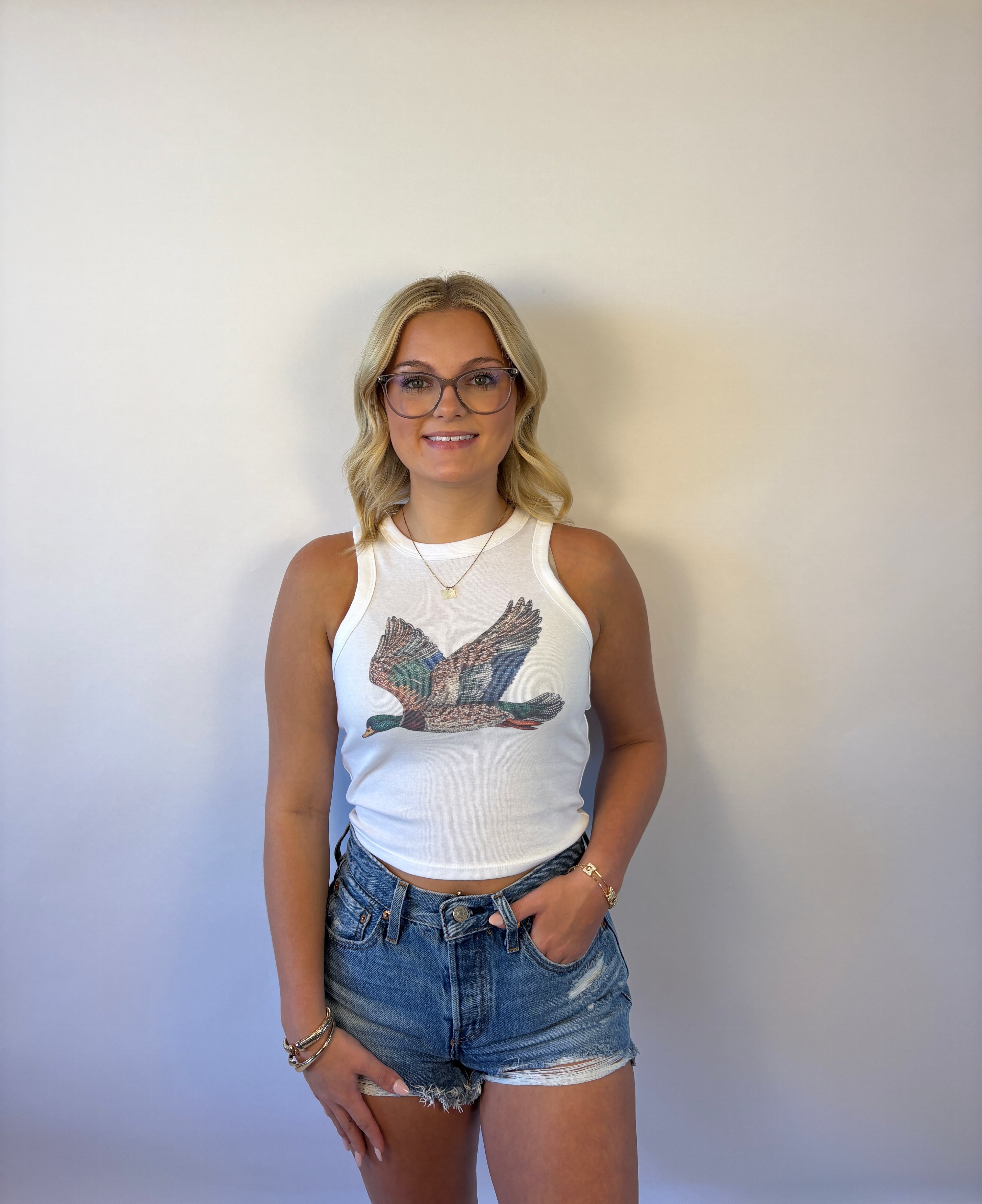 Brooke & Co The mallory tank featuring a sleeveless tank with bejeweled mallard duck 