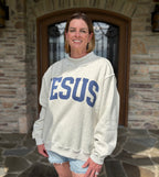 Brooke & Co God is Good/Jesus Mock Neck Sweatshirt, white & ash grey oversized sweatshirt with blue graphic front turned view