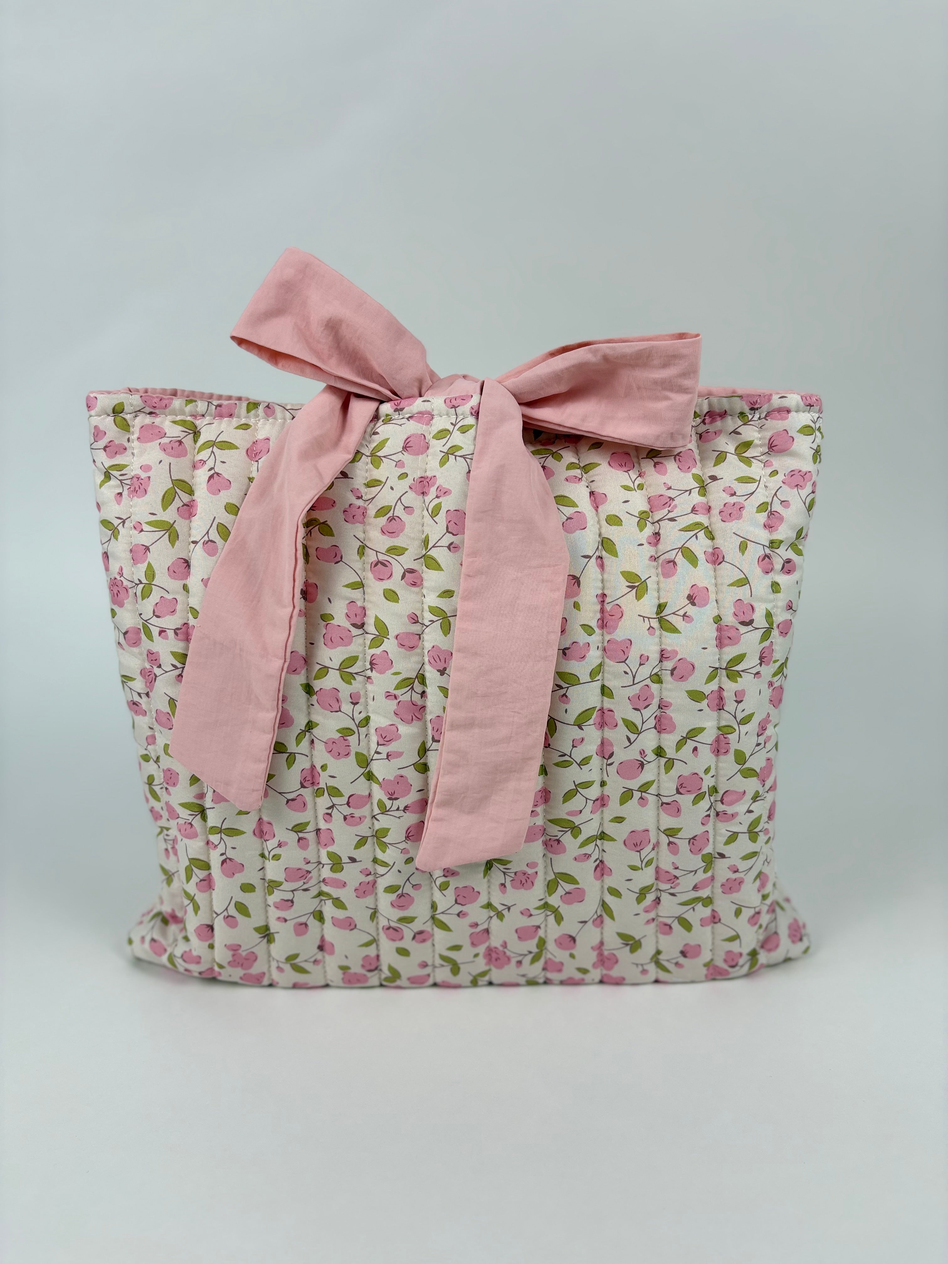 Brooke & Co handmade quilted Bible cover pink floral print with bow tie