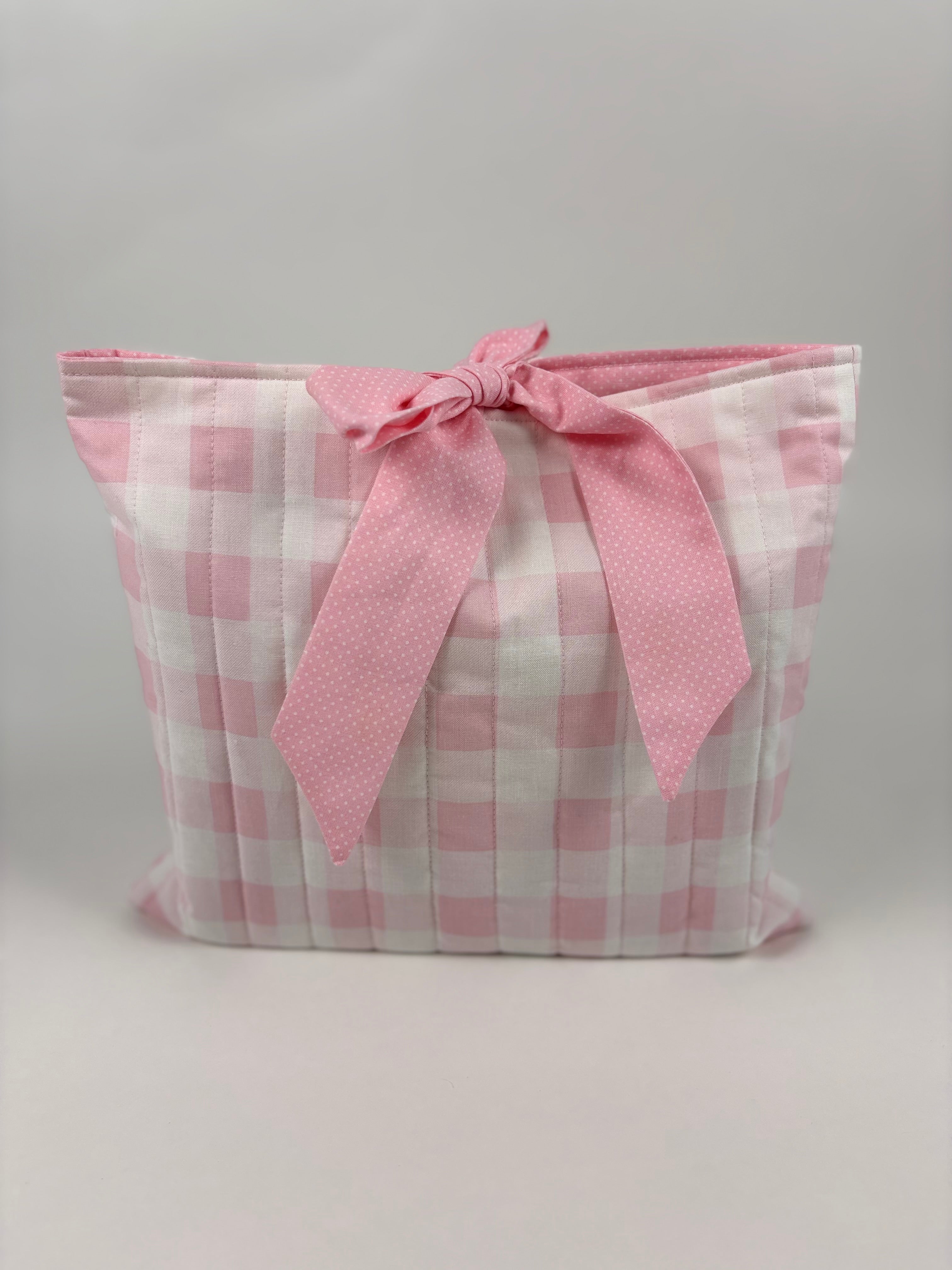 Brooke & Co handmade quilted Bible cover pink gingham print with bow tie