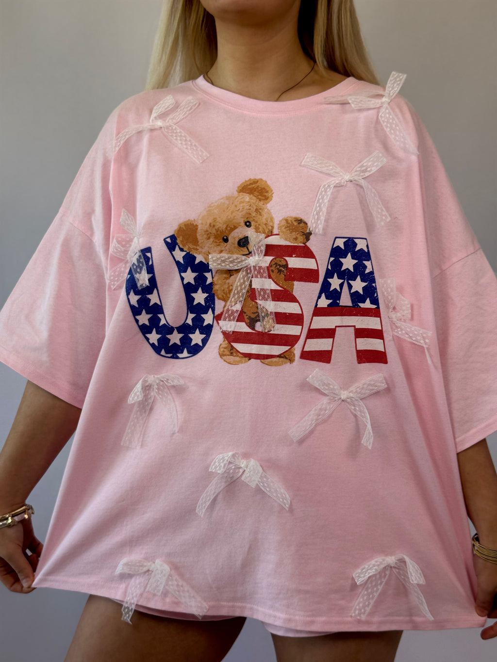 Brooke & Co American Bear Tee pink usa oversized tee close up view