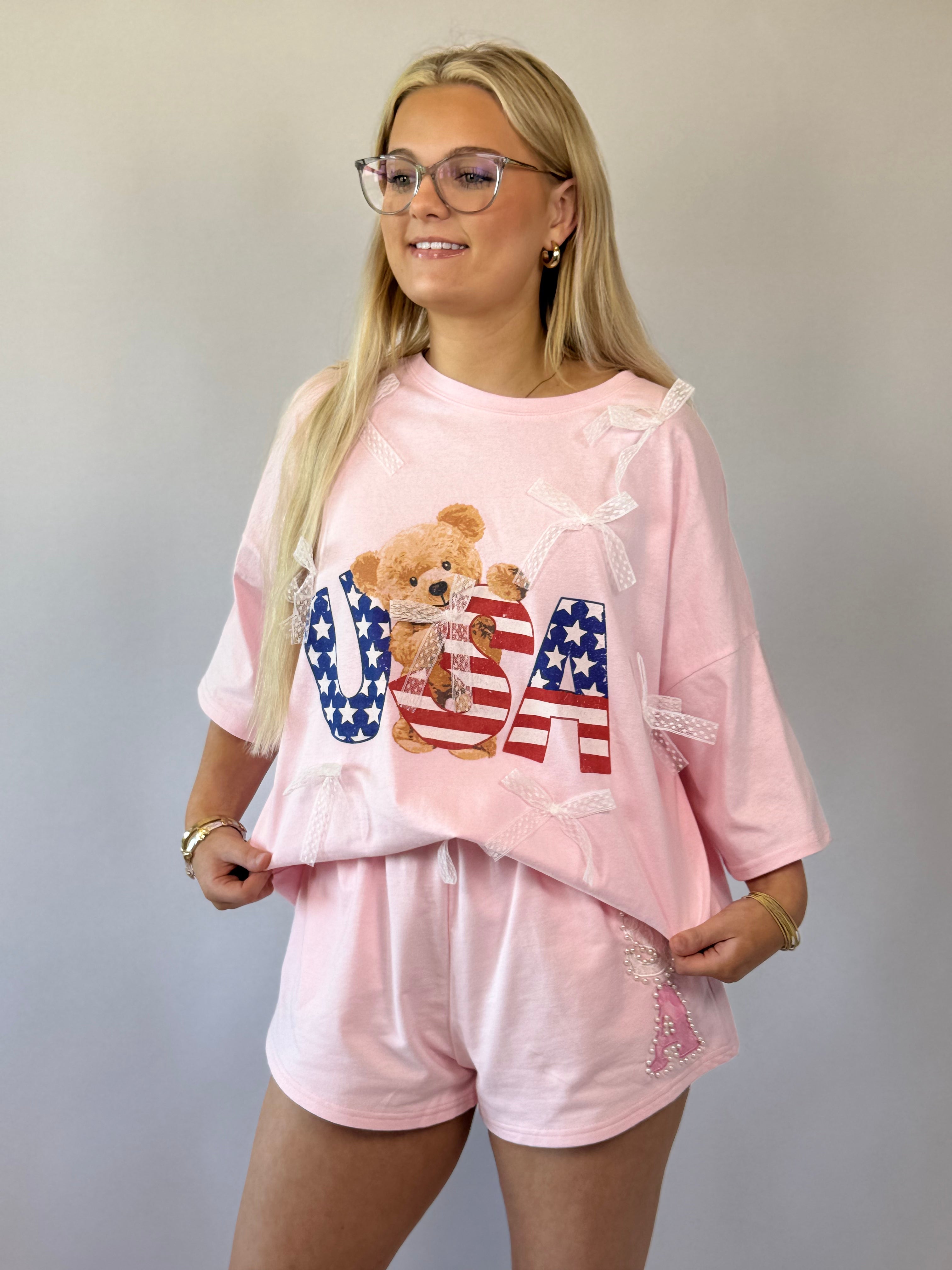 Brooke & Co American Bear Tee pink usa oversized tee detail view