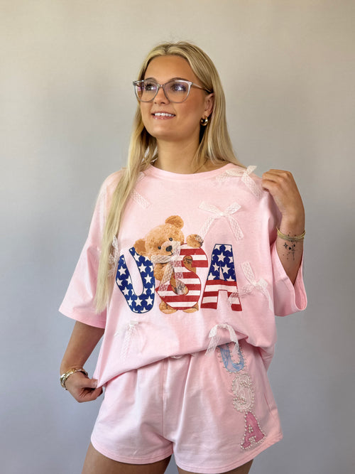 Brooke & Co American Bear Tee pink usa oversized tee front view
