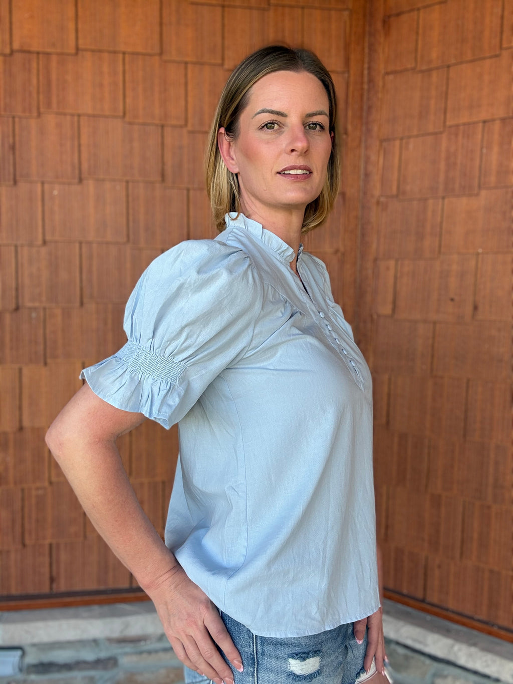 brooke & co soft skies top side view in light blue showing relaxed shape and easy everyday fit