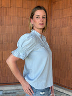 brooke & co soft skies top side view in light blue showing relaxed shape and easy everyday fit