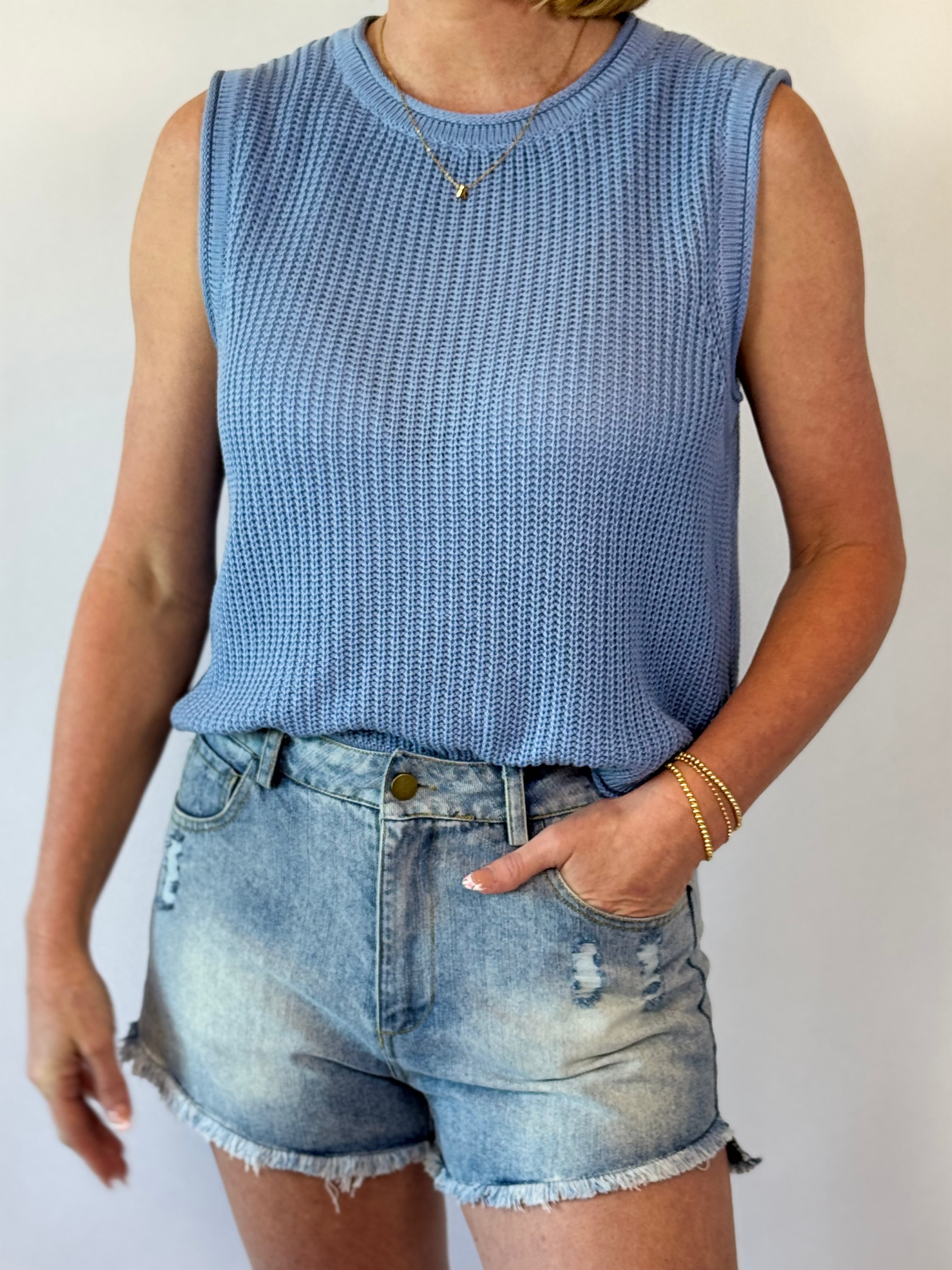 Brooke & Co Blue Breeze Top blue sleeveless boutique sweater front detail