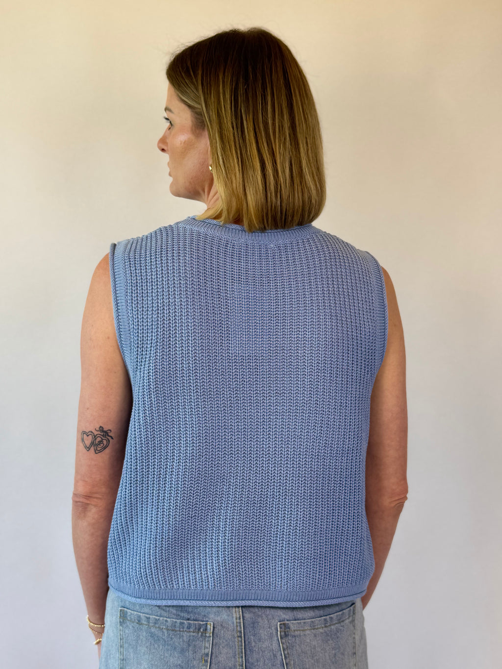 Brooke & Co Blue Breeze Top blue sleeveless boutique sweater back view