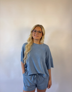 Brooke & Co blue drift top in blue with relaxed fit and short sleeves front view