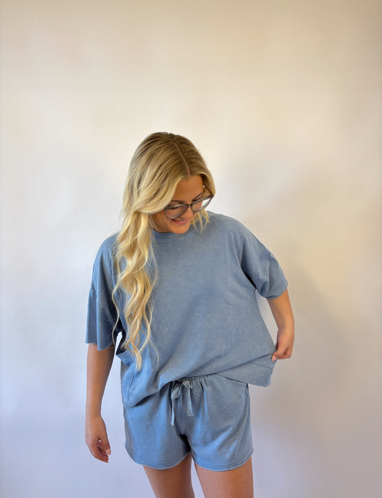 Brooke & Co blue drift top in blue with relaxed fit and short sleeves 