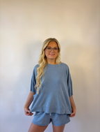 Brooke & Co blue drift top in blue with relaxed fit and short sleeves detail view