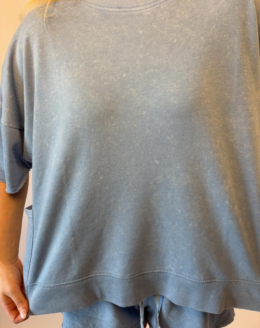 Brooke & Co blue drift top in blue with relaxed fit and short sleeves close up