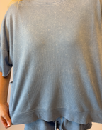 Brooke & Co blue drift top in blue with relaxed fit and short sleeves close up