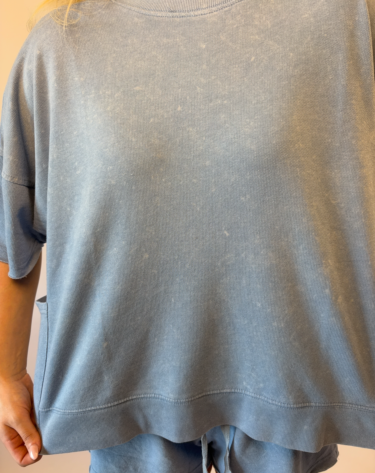 Brooke & Co blue drift top in blue with relaxed fit and short sleeves close up