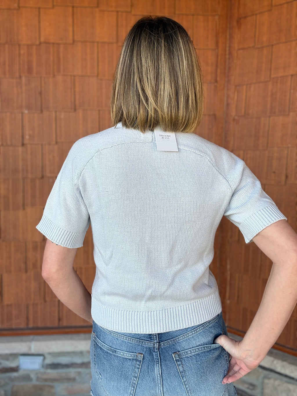 Brooke & Co sweet serenity top in light blue back view showing relaxed fit and ribbed hem detail