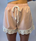 Brooke & Co blush lace athletic shorts in blush pink with lace trim and drawstring waist detail