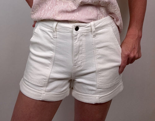 Brooke & Co bright tide denim shorts in white denim with cuffed hem and high rise fit close up