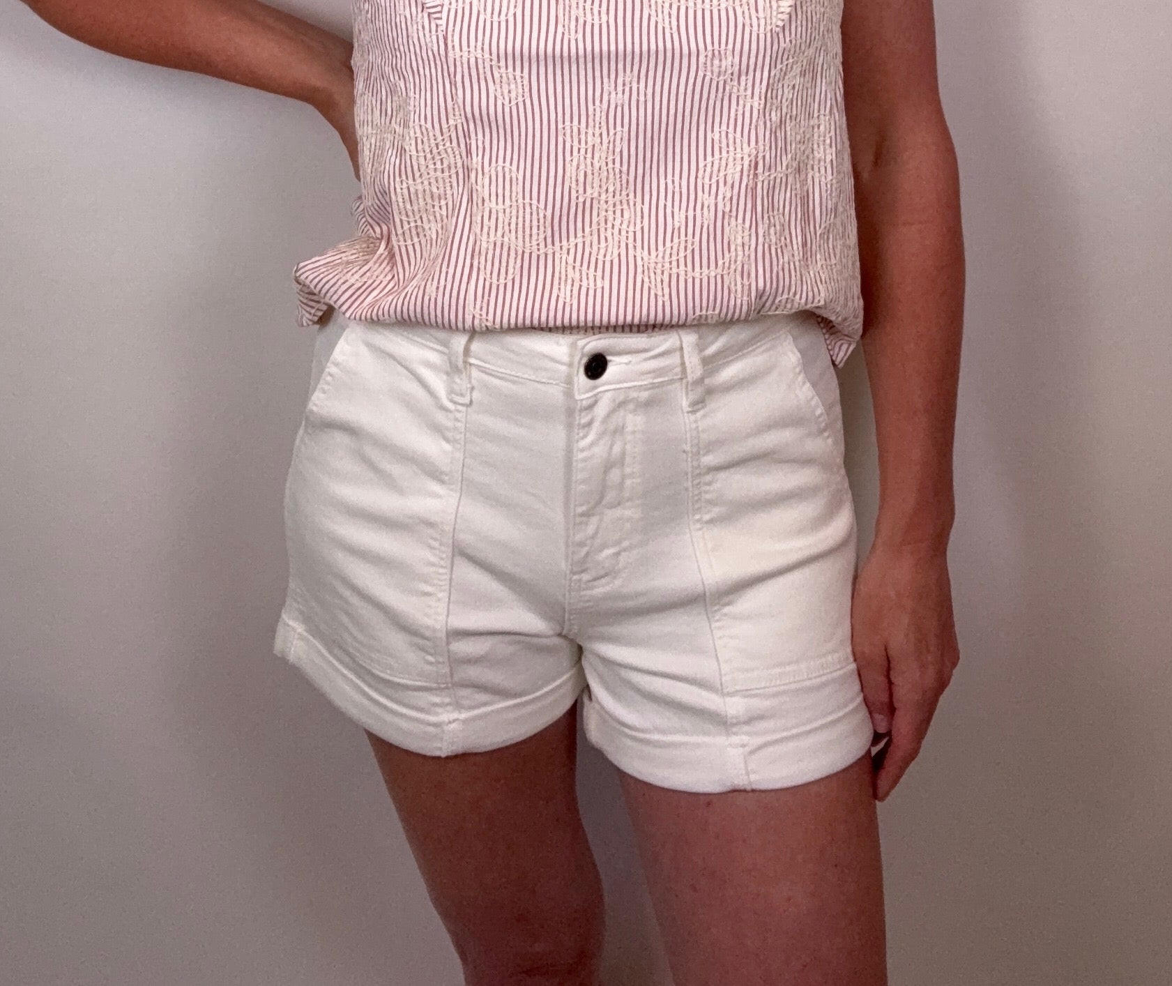 Brooke & Co bright tide denim shorts in white denim with cuffed hem and high rise fit detail