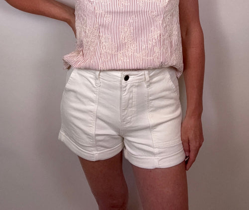 Brooke & Co bright tide denim shorts in white denim with cuffed hem and high rise fit detail