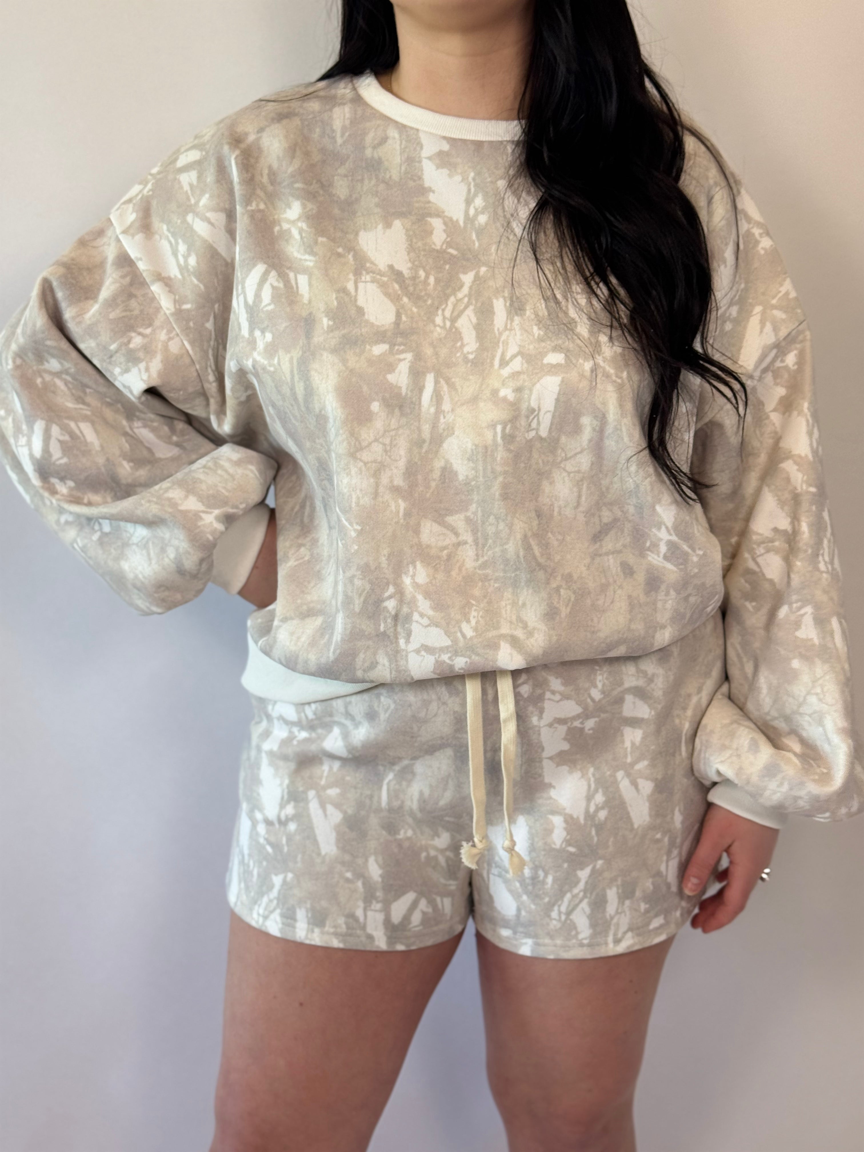 Brooke & Co Cozy Camo Set camo print two piece lounge set close up detail