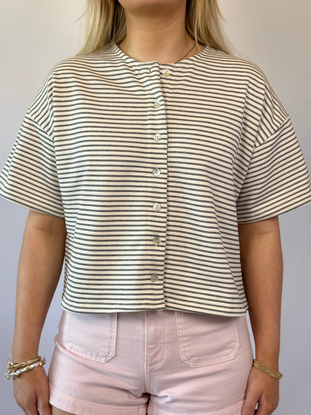 Brooke & Co City Girl top ivory and black boutique top close up view