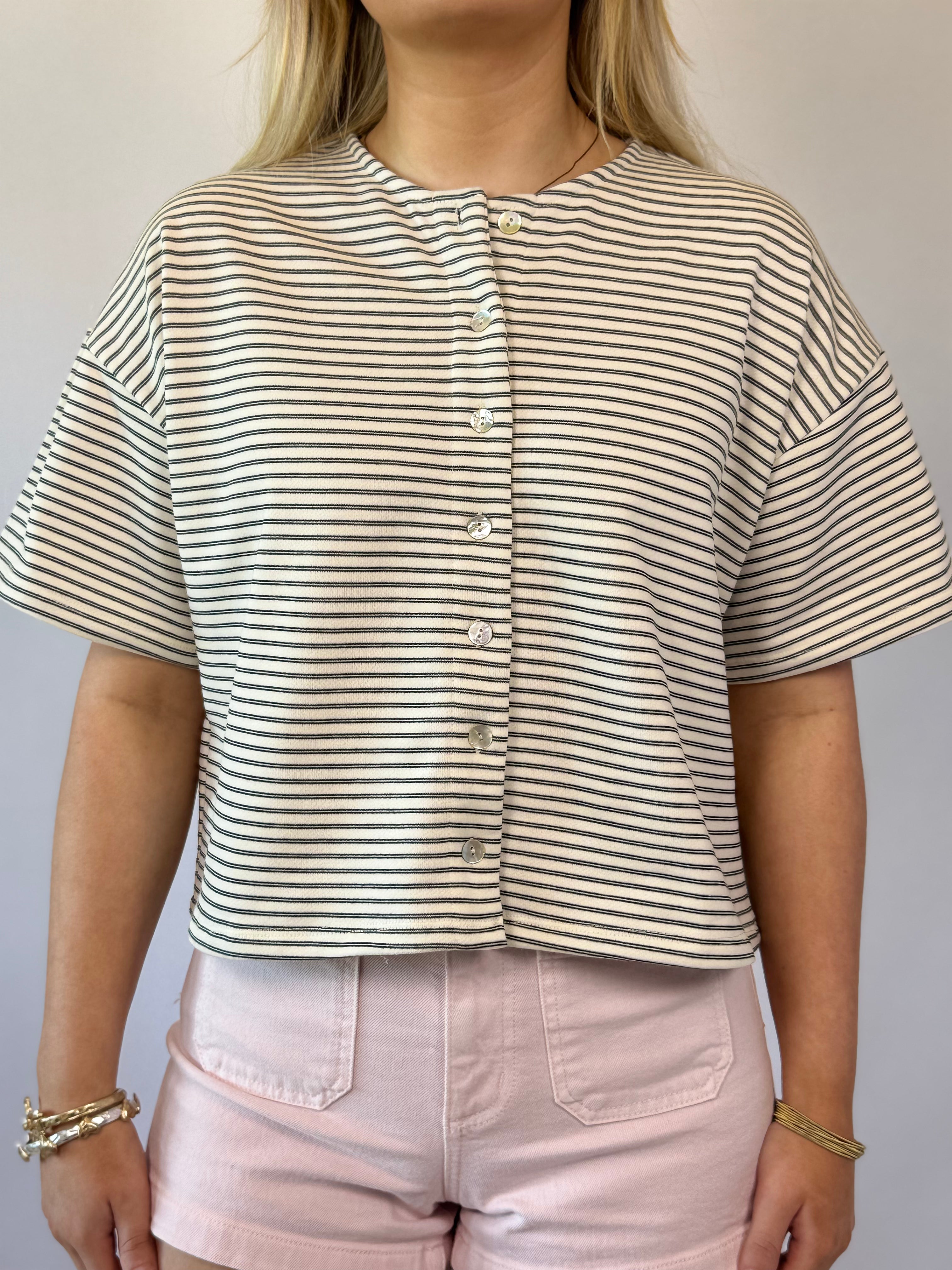 Brooke & Co City Girl top ivory and black boutique top close up view