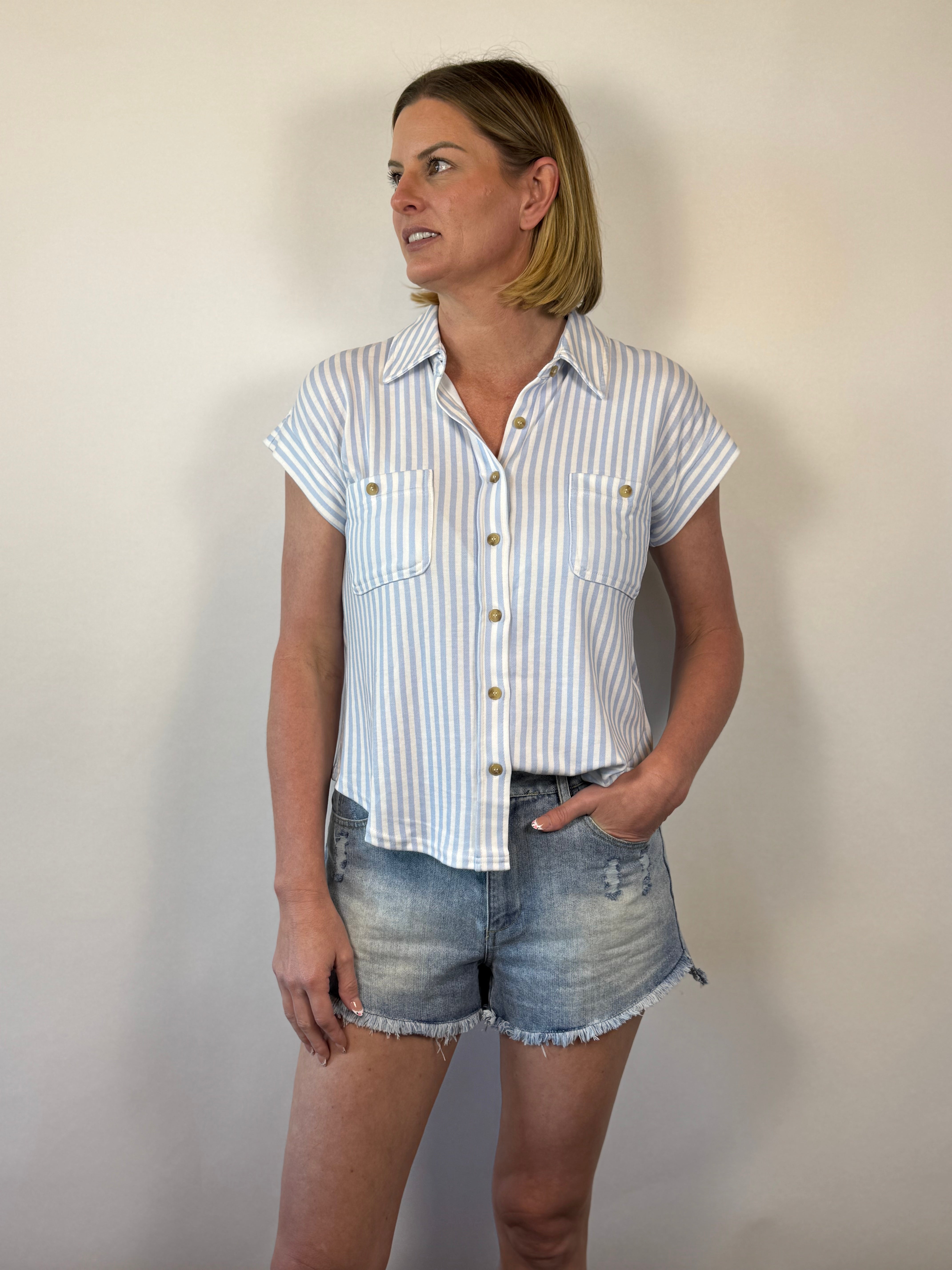 Brooke  Co Coastline Striped Top blue and white striped button down boutique shirt front view