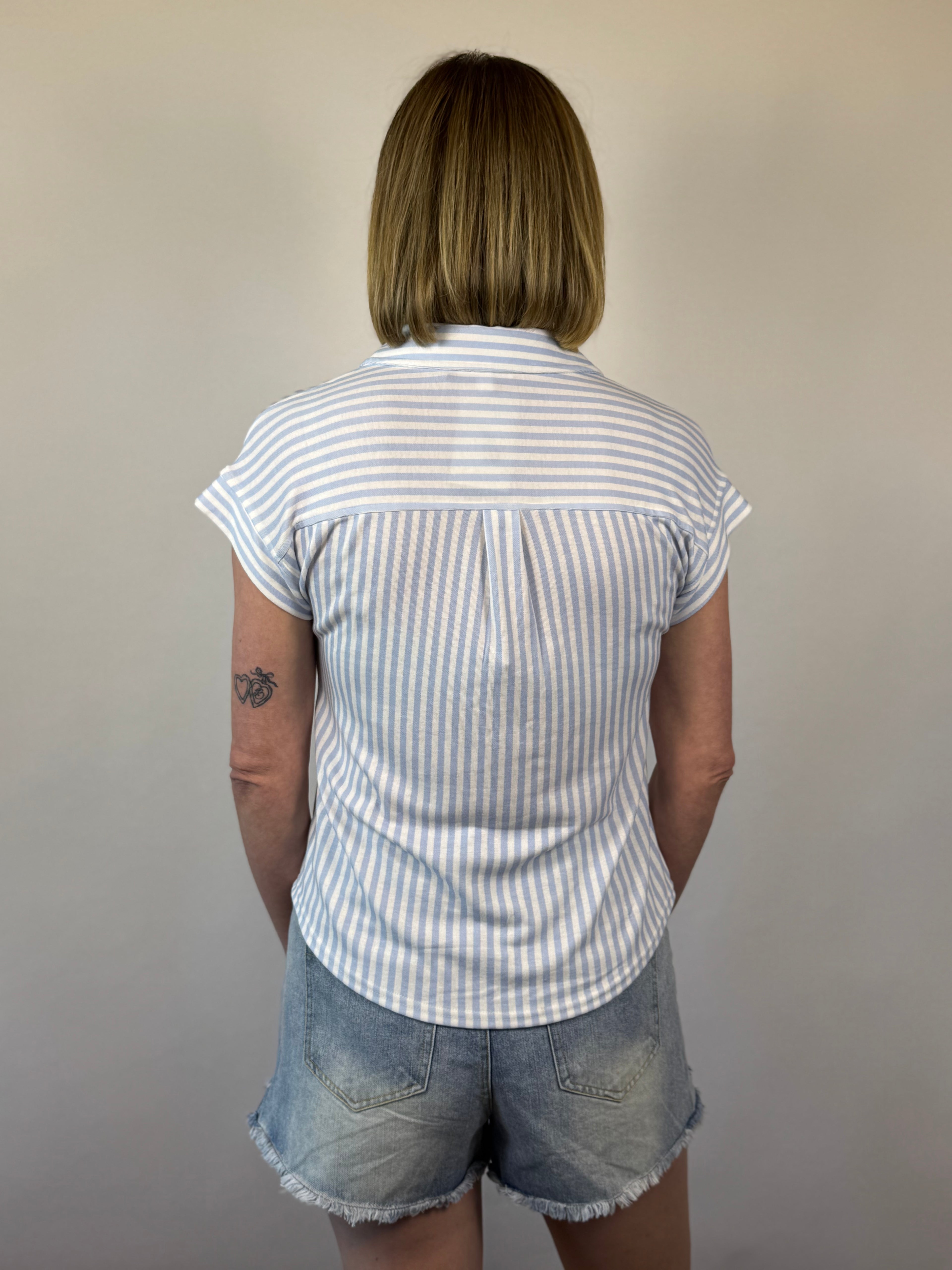 Brooke & Co Coastline Striped Top blue and white striped button down boutique shirt back view