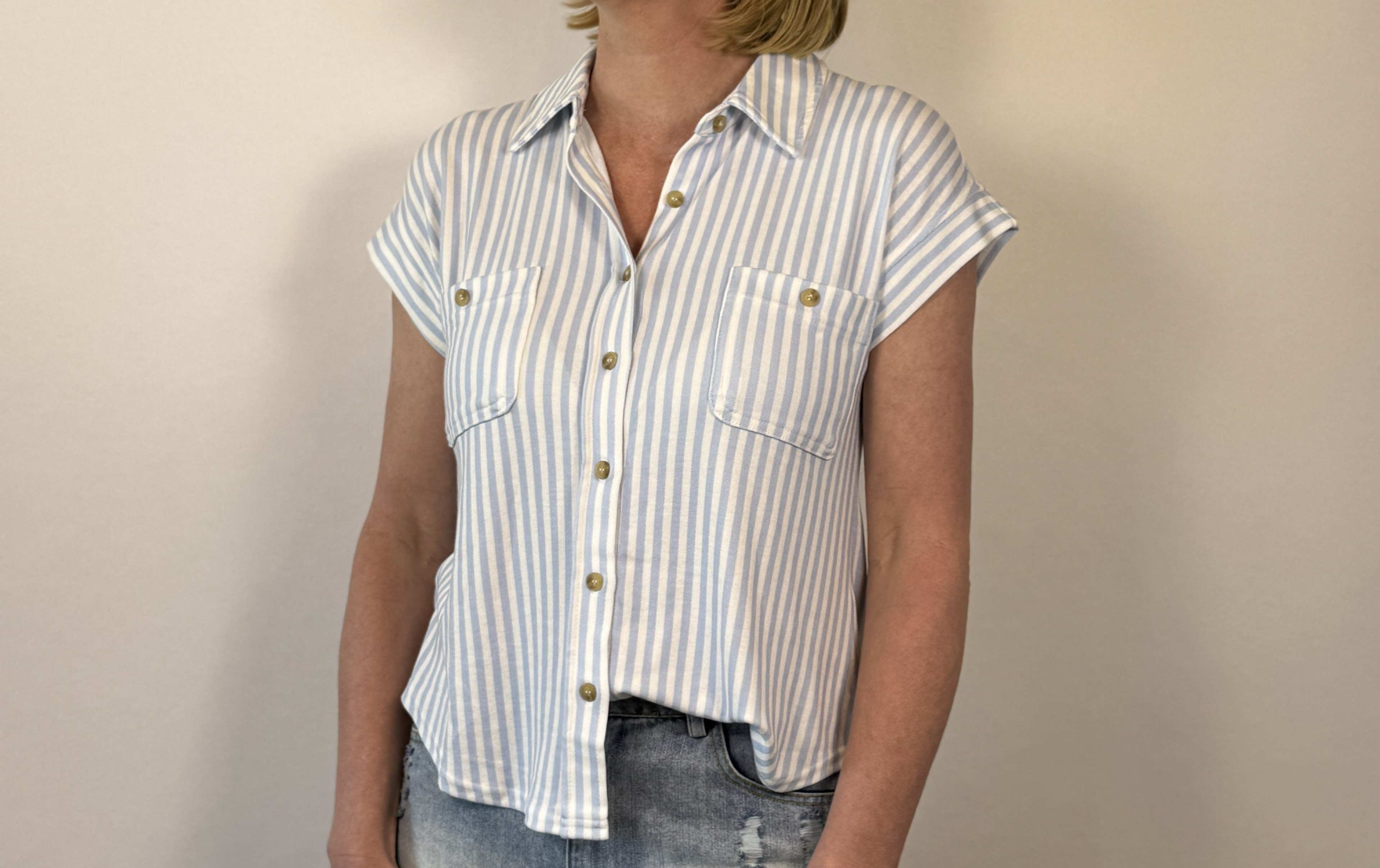 Brooke & Co Coastline Striped Top blue and white striped button down boutique shirt front detail