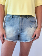 Brooke & Co Go-To Denim Shorts light wash raw hem boutique shorts front view