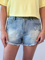 Brooke & Co Go-To Denim Shorts light wash raw hem boutique shorts full front view
