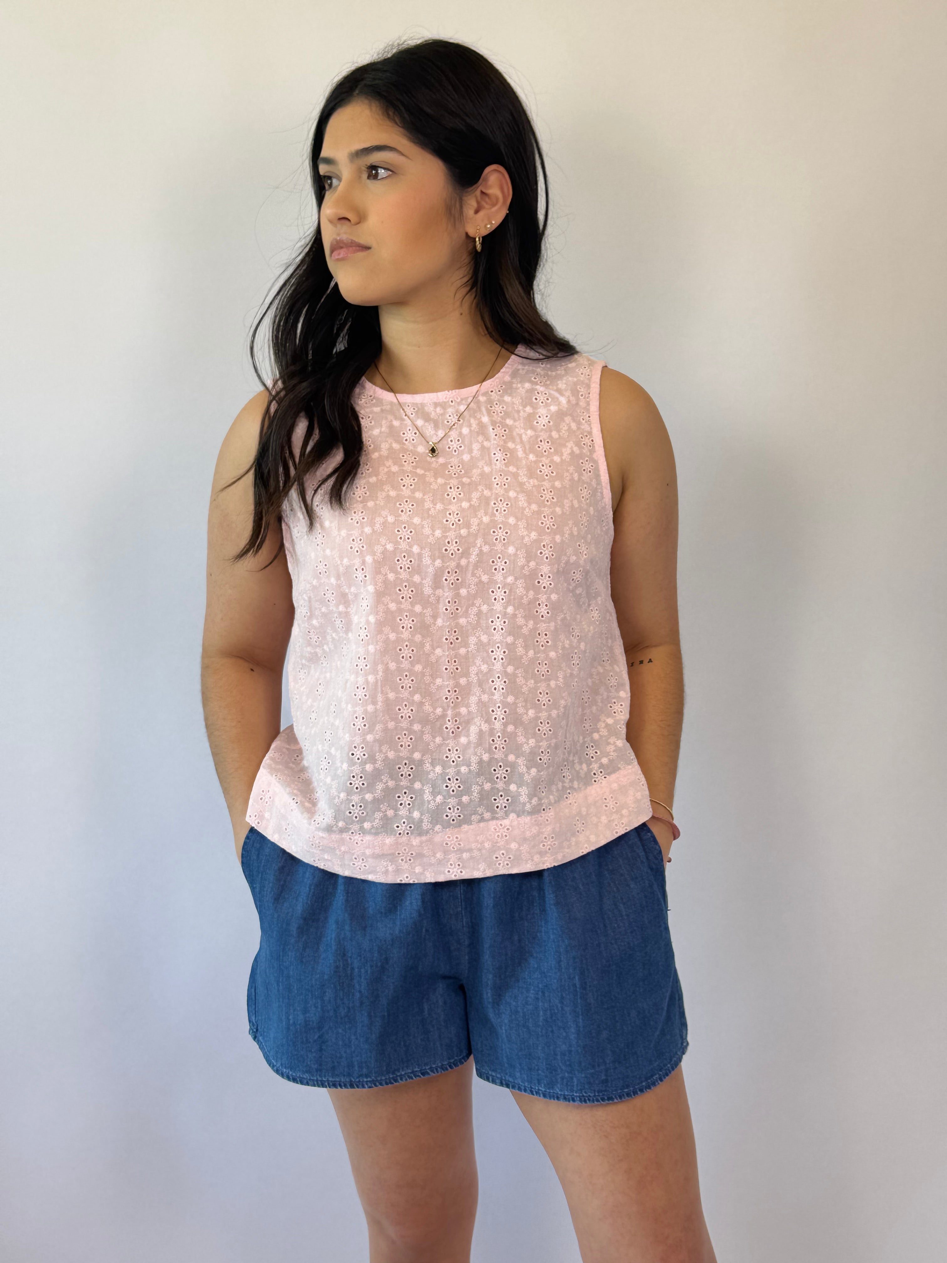 Brooke & Co Darling Eyelet Top pink eyelet boutique tank front view