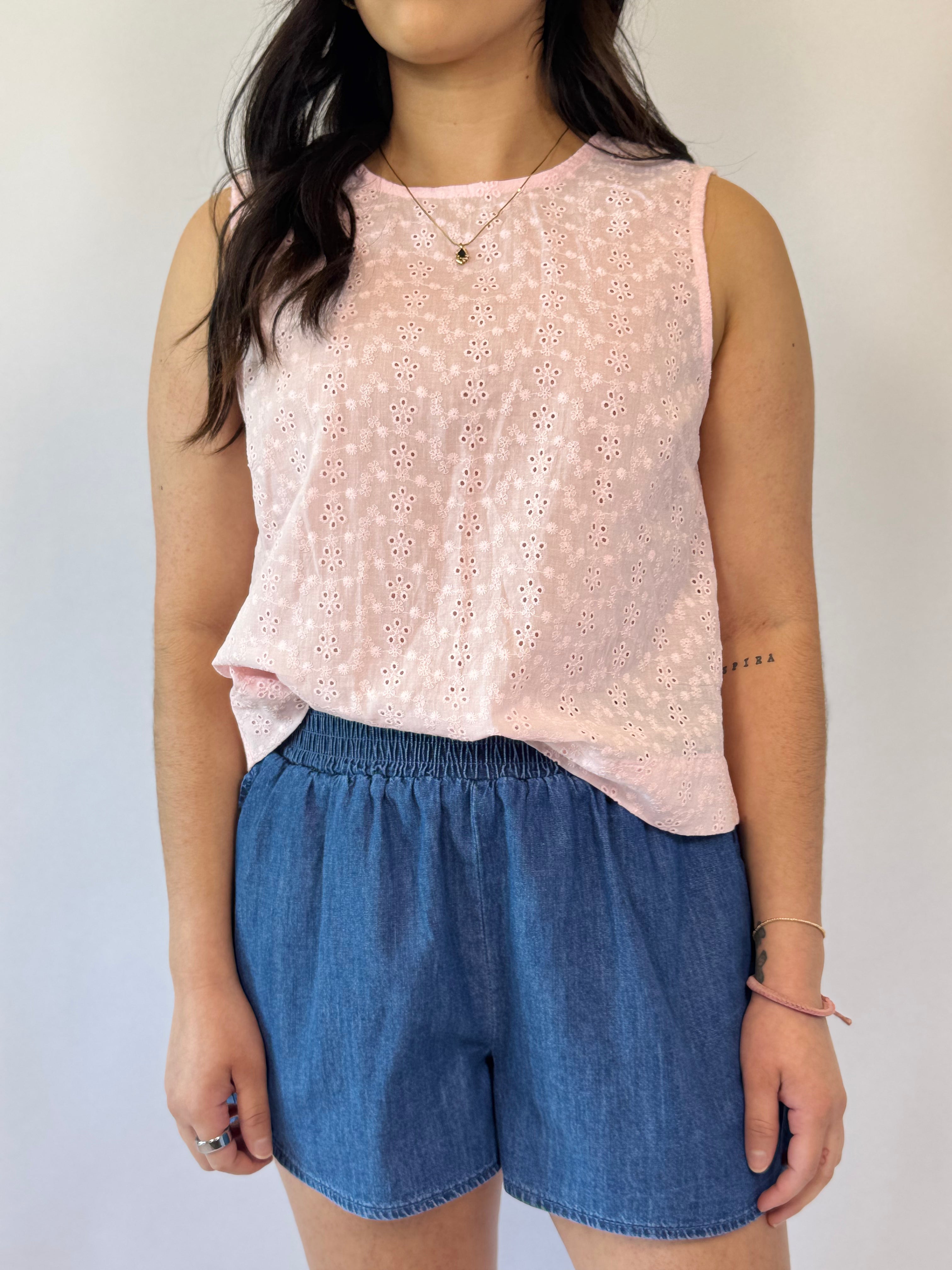 Brooke & Co Darling Eyelet Top pink eyelet boutique tank front detail