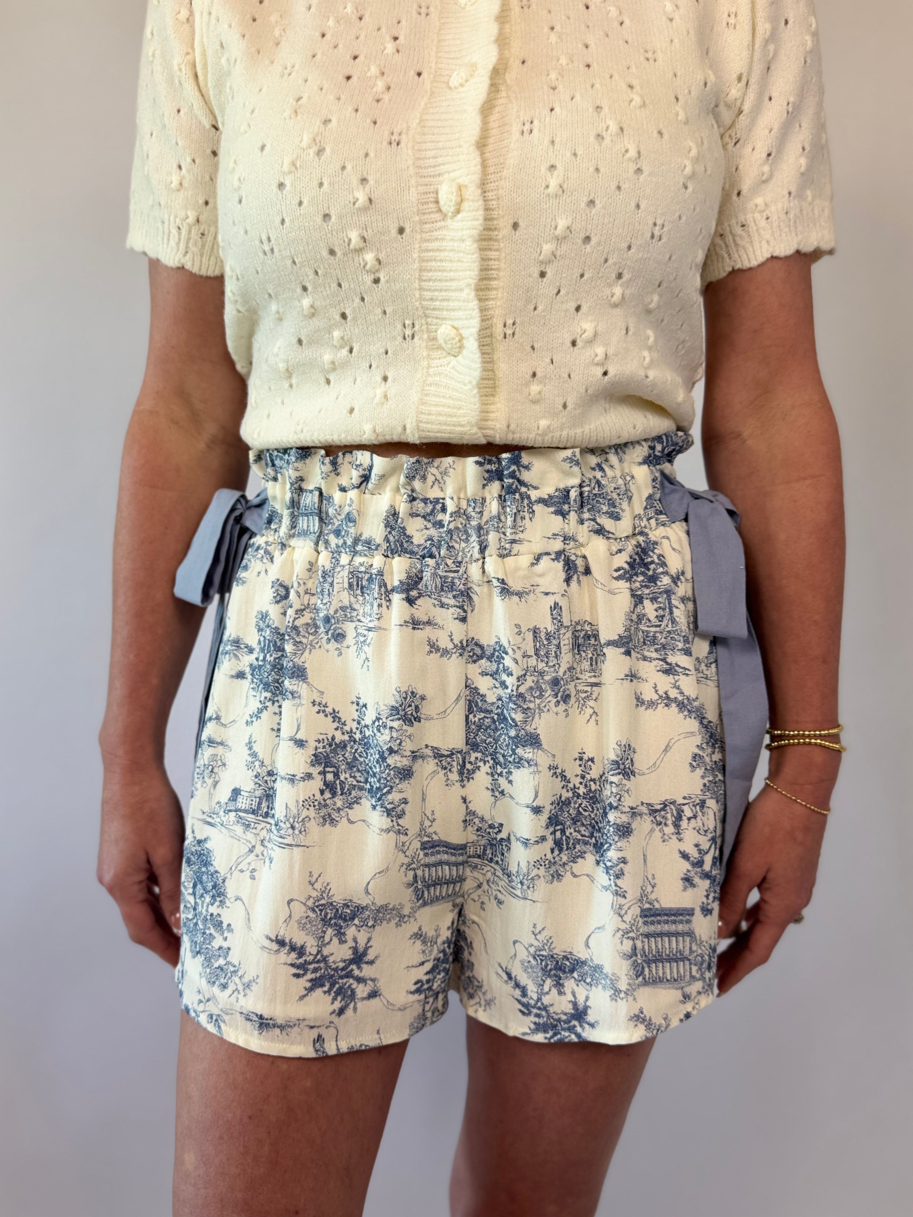 Brooke & Co French Garden Shorts ivory and blue toile print boutique shorts front view