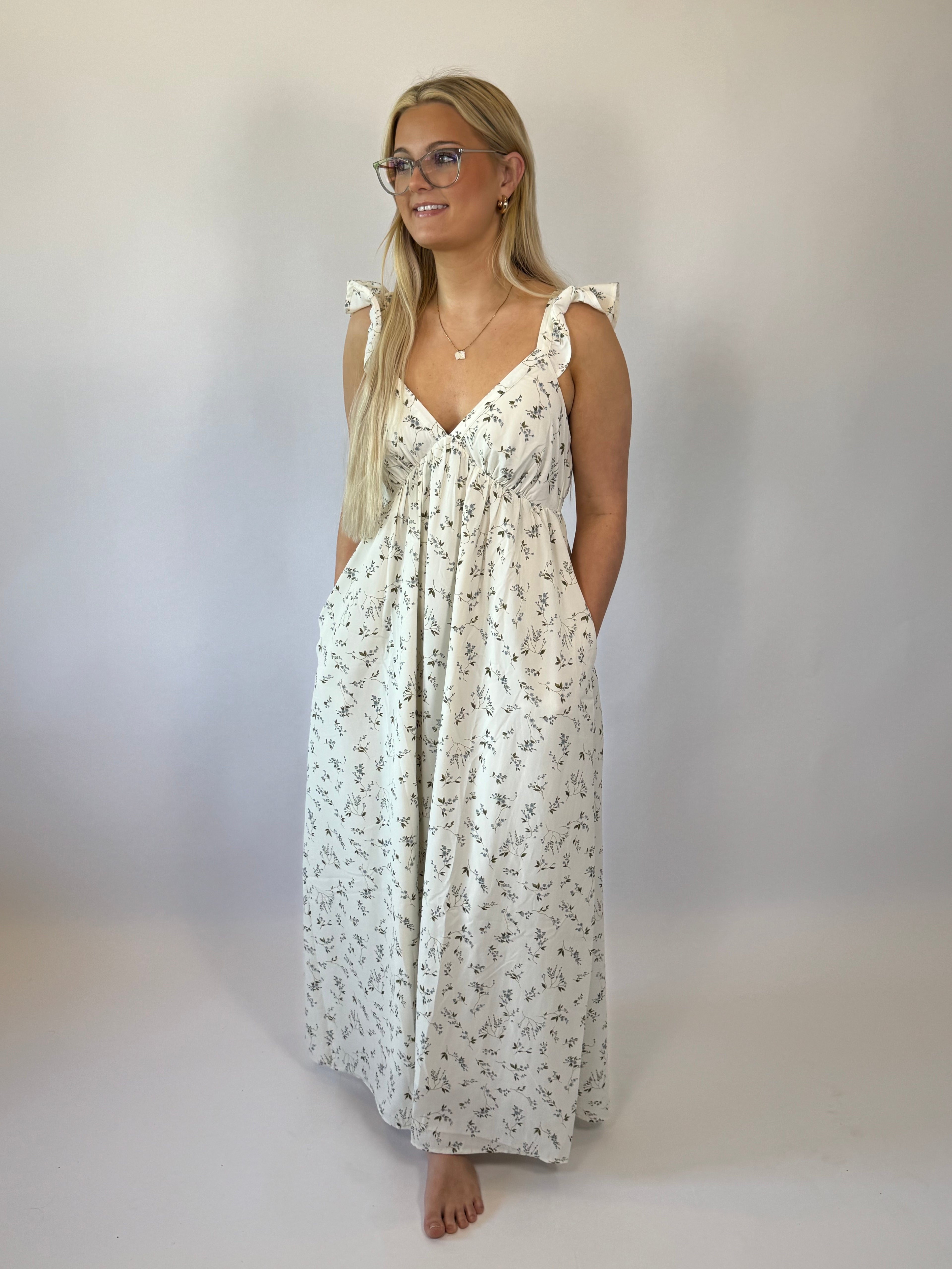 Brooke & Co Garden Party Maxi ivory and blue floral boutique dress front view
