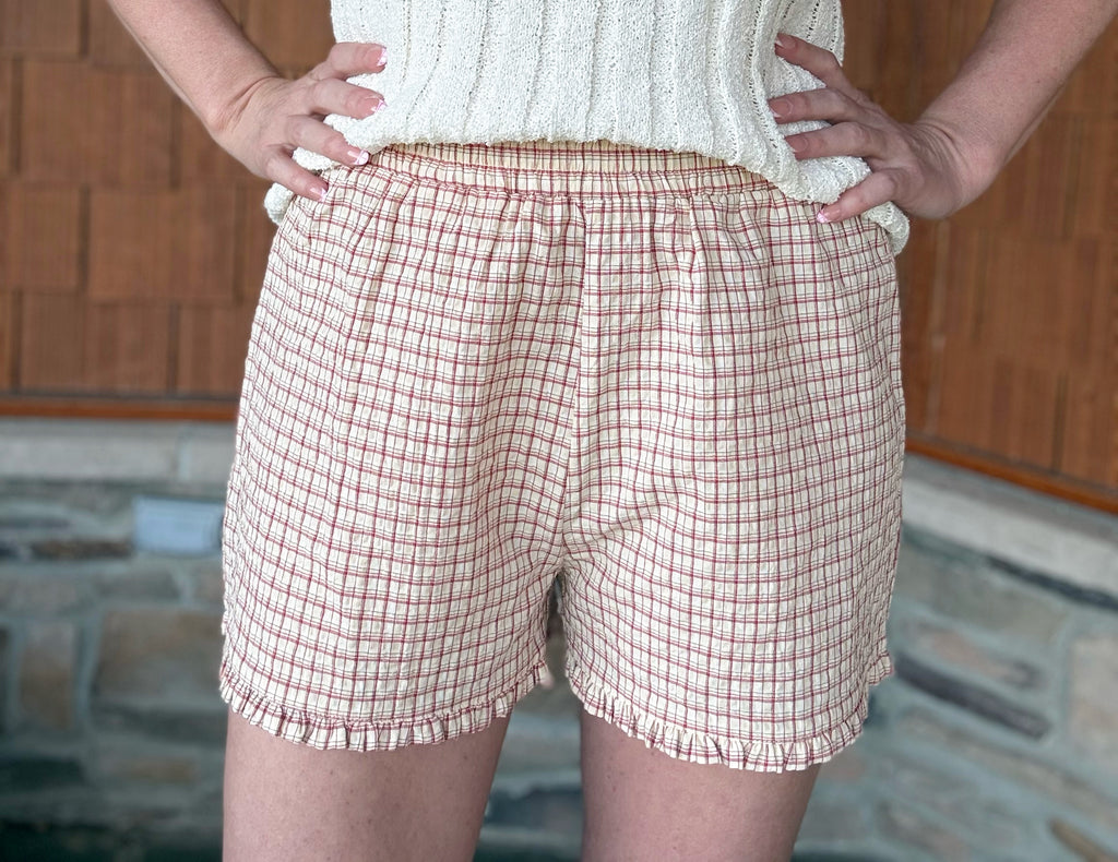 brooke & co yellow and red gingham sweet picnic shorts waistband detail showing elastic fit and ruffle hem