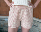 brooke & co yellow and red gingham sweet picnic shorts waistband detail showing elastic fit and ruffle hem