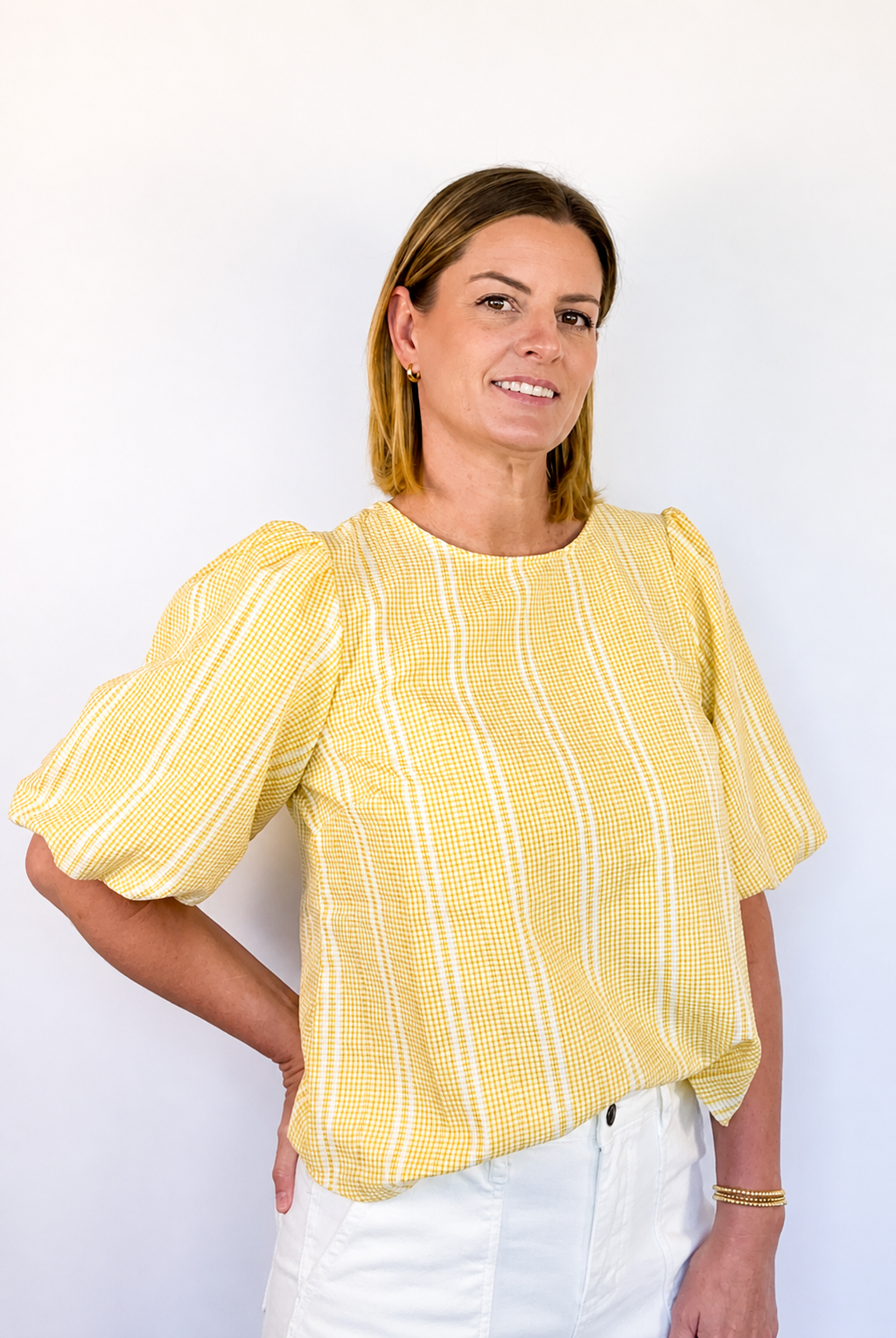 Brooke & Co Golden hour bow top textured blouse with soft puff sleeves and a relaxed fit