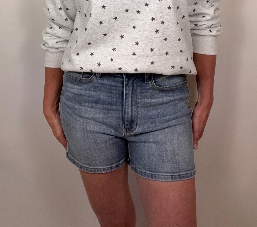 Brooke & Co harbor light denim shorts in light wash denim with fitted stretch and high rise detail front view