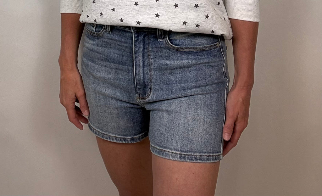 Brooke & Co harbor light denim shorts in light wash denim with fitted stretch and high rise detail