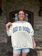 Brooke & Co God is Good/Jesus Mock Neck Sweatshirt, white & ash grey oversized sweatshirt with blue graphic detail view