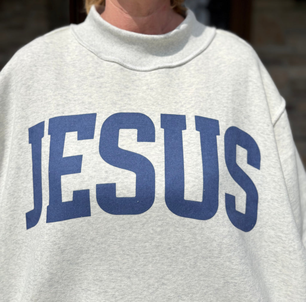 Brooke & Co God is Good/Jesus Mock Neck Sweatshirt, white & ash grey oversized sweatshirt with blue Jesus graphic up close